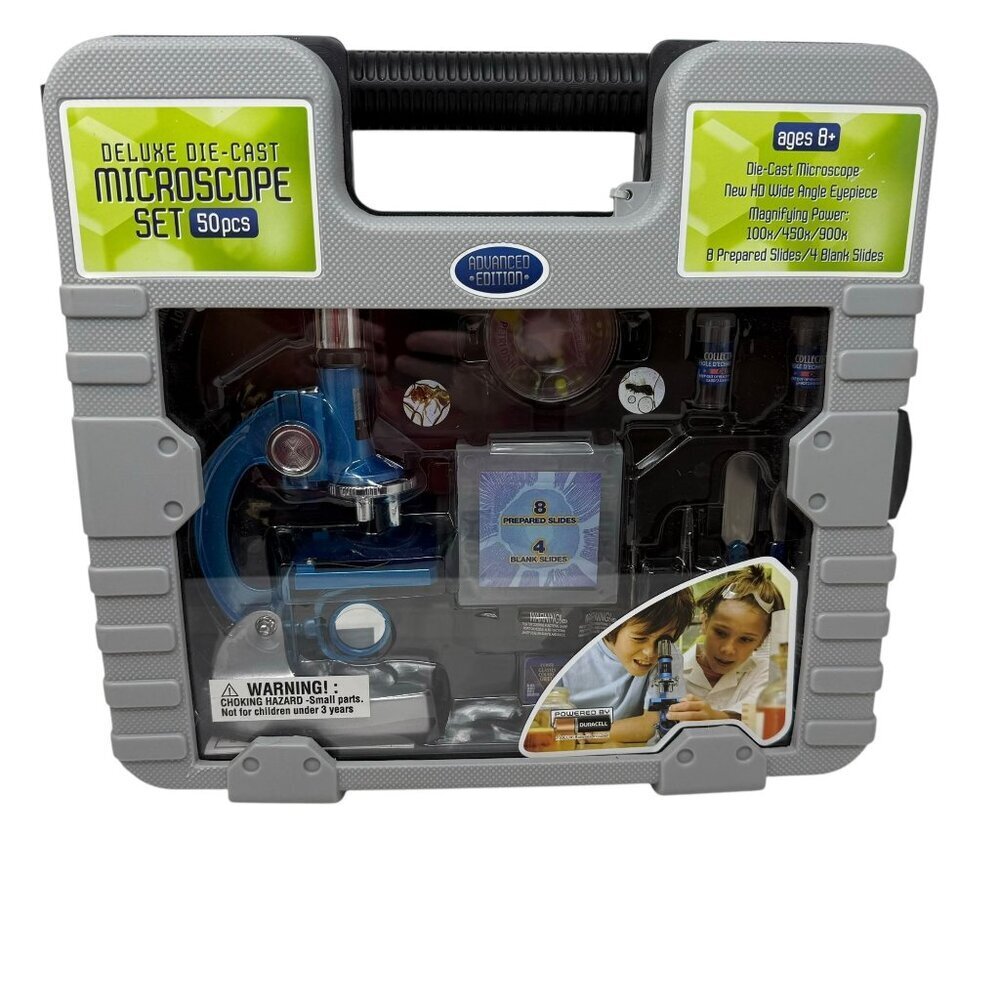Deluxe Die-Cast Microscope Set 50-Piece Ages 8+ Magnification 100x/450x/900x